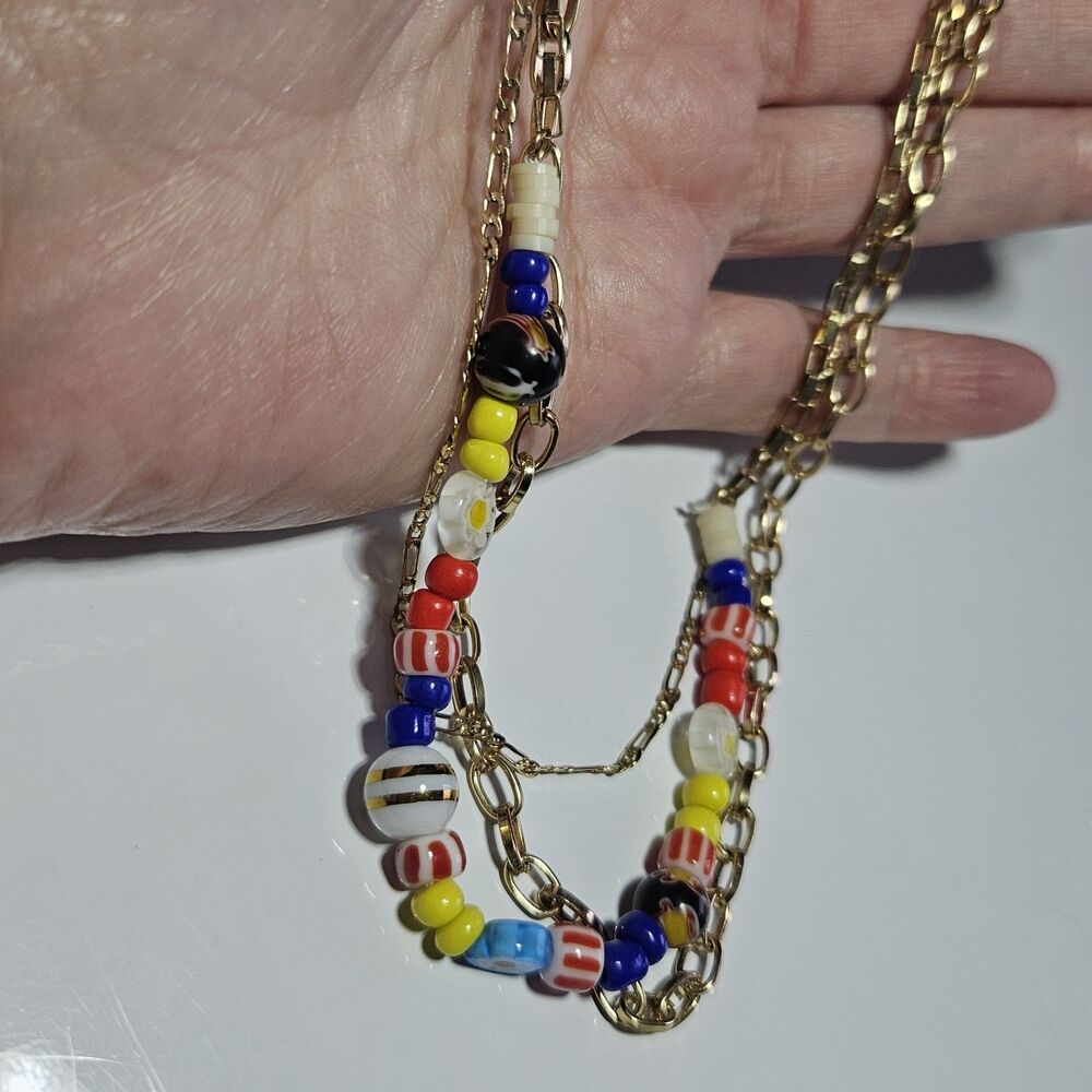 Gold Tone Layered Multicolored Beaded Necklace 18-21"